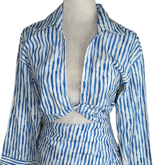 NWT Zara Blue & White Striped Linen Blend Cutout Midriff Twist Mini Dress - XS - Picture 8 of 16